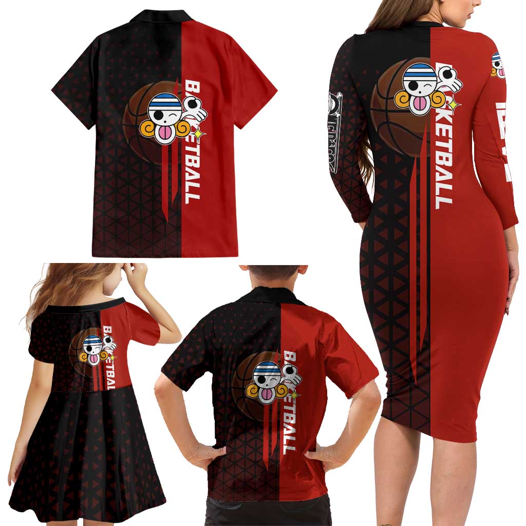 Nami One Piece Basketball Theme Red and Black Design Family Matching Long Sleeve Bodycon Dress and Hawaiian Shirt with Action Pose and Straw Hat Logo