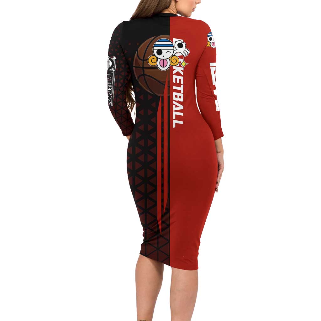 Nami One Piece Basketball Theme Red and Black Design Family Matching Long Sleeve Bodycon Dress and Hawaiian Shirt with Action Pose and Straw Hat Logo