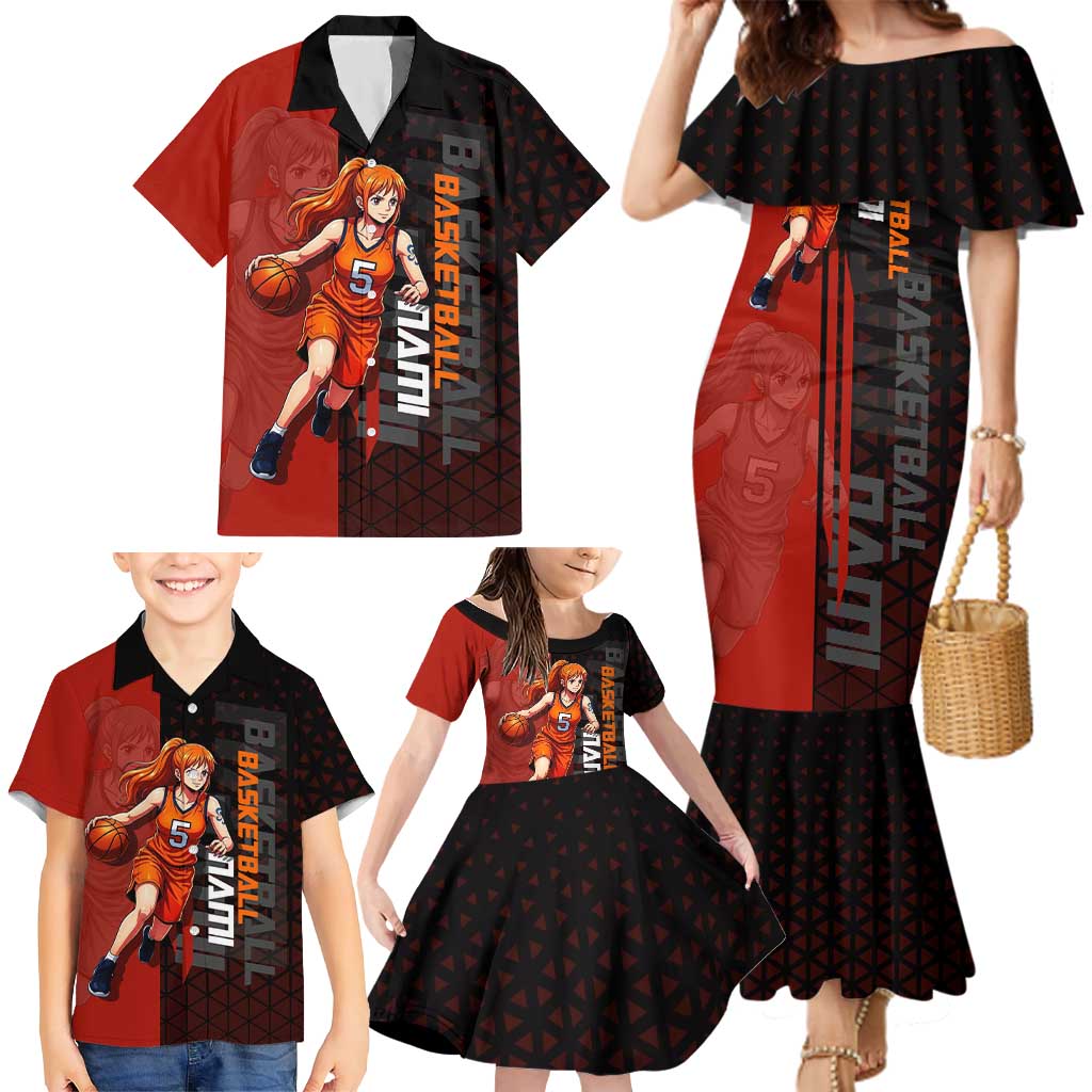 Nami One Piece Basketball Theme Red and Black Design Family Matching Mermaid Dress and Hawaiian Shirt with Action Pose and Straw Hat Logo