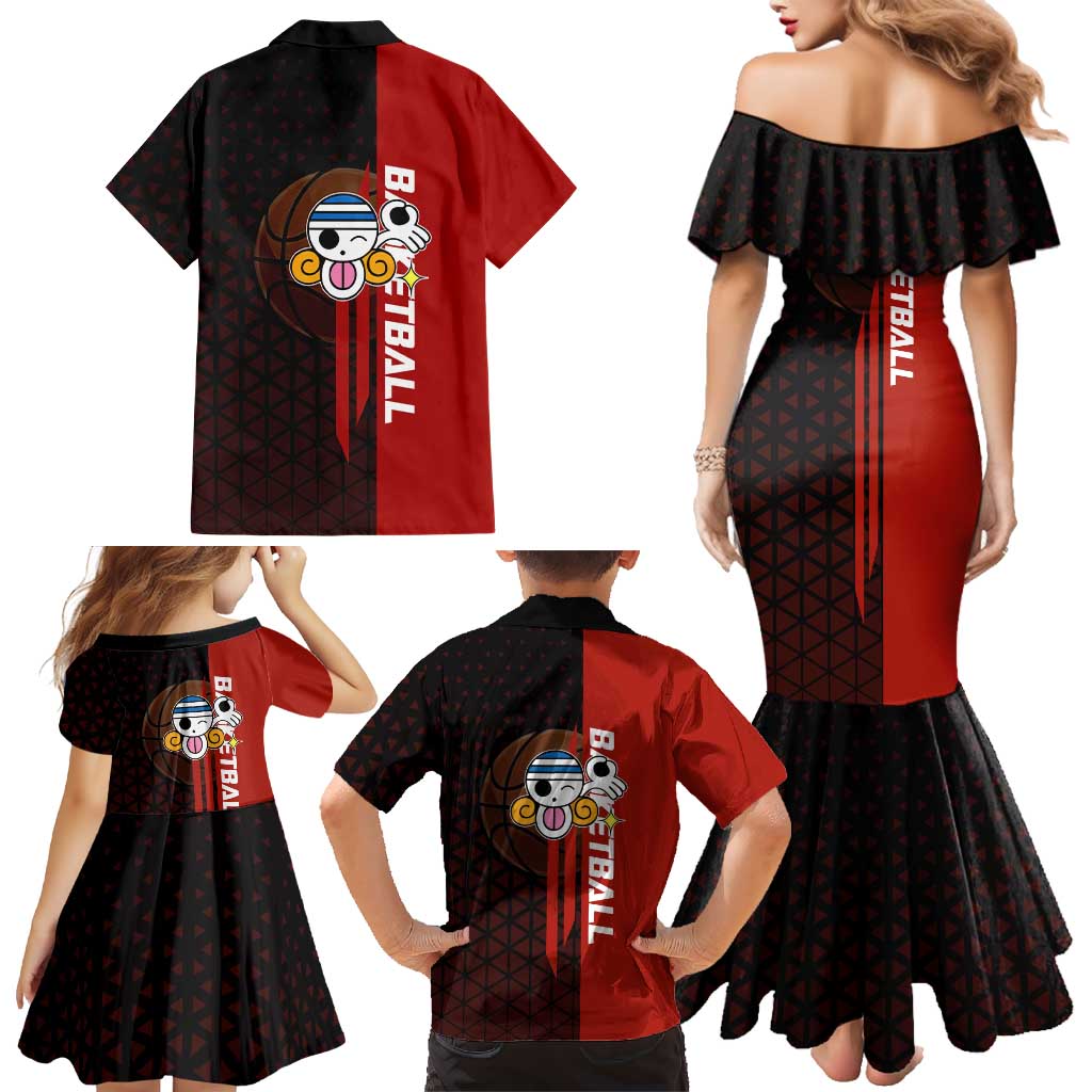 Nami One Piece Basketball Theme Red and Black Design Family Matching Mermaid Dress and Hawaiian Shirt with Action Pose and Straw Hat Logo