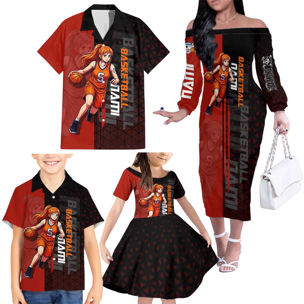 Nami One Piece Basketball Theme Red and Black Design Family Matching Off The Shoulder Long Sleeve Dress and Hawaiian Shirt with Action Pose and Straw Hat Logo