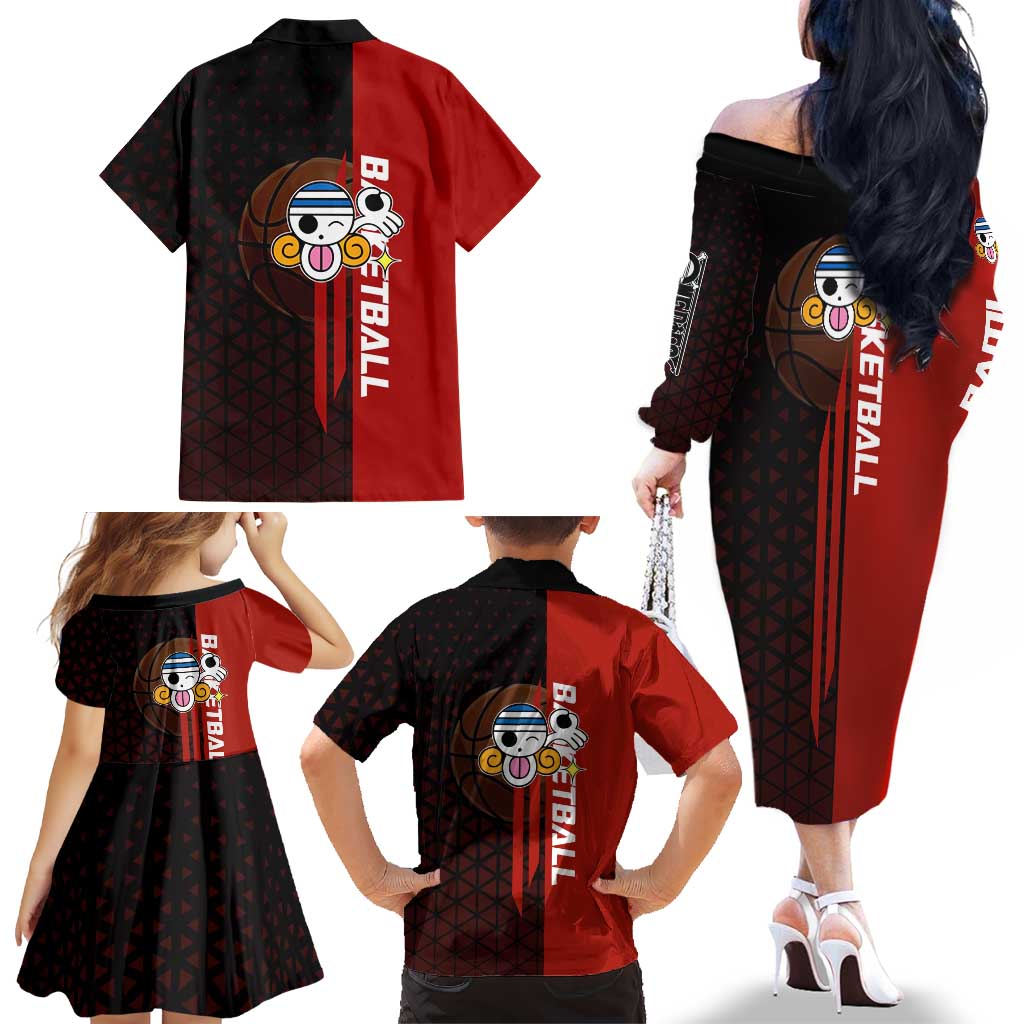Nami One Piece Basketball Theme Red and Black Design Family Matching Off The Shoulder Long Sleeve Dress and Hawaiian Shirt with Action Pose and Straw Hat Logo