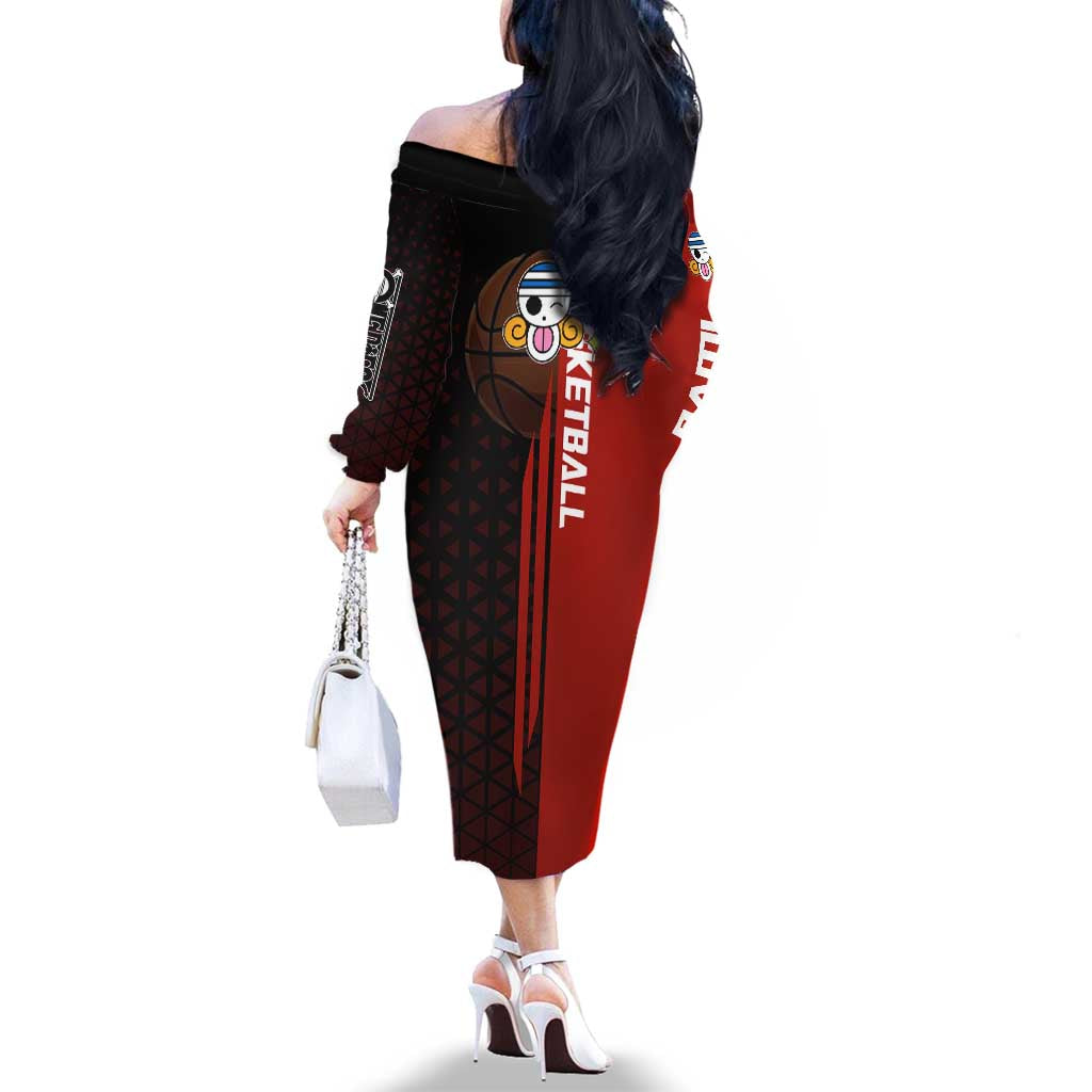 Nami One Piece Basketball Theme Red and Black Design Family Matching Off The Shoulder Long Sleeve Dress and Hawaiian Shirt with Action Pose and Straw Hat Logo