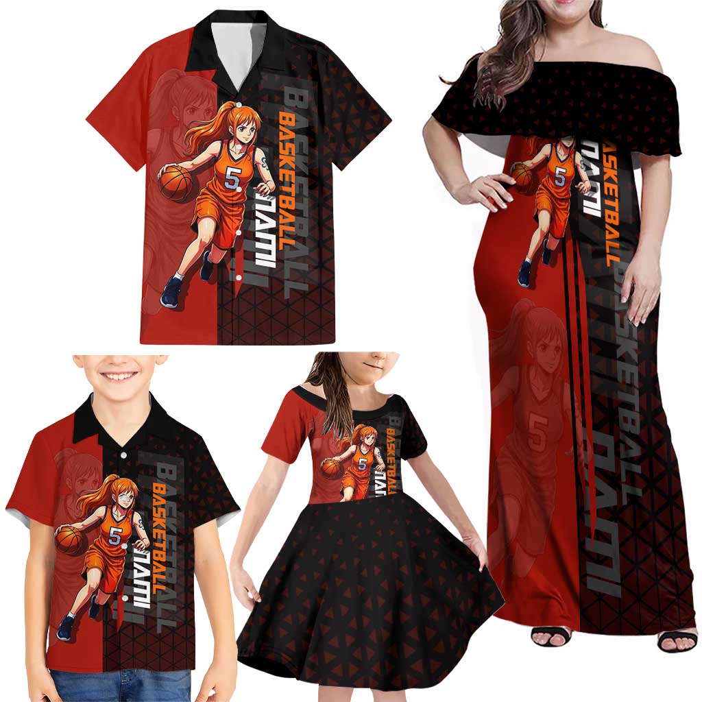 Nami One Piece Basketball Theme Red and Black Design Family Matching Off Shoulder Maxi Dress and Hawaiian Shirt with Action Pose and Straw Hat Logo