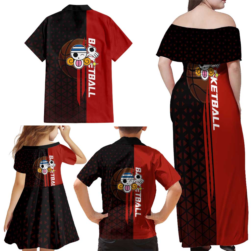 Nami One Piece Basketball Theme Red and Black Design Family Matching Off Shoulder Maxi Dress and Hawaiian Shirt with Action Pose and Straw Hat Logo