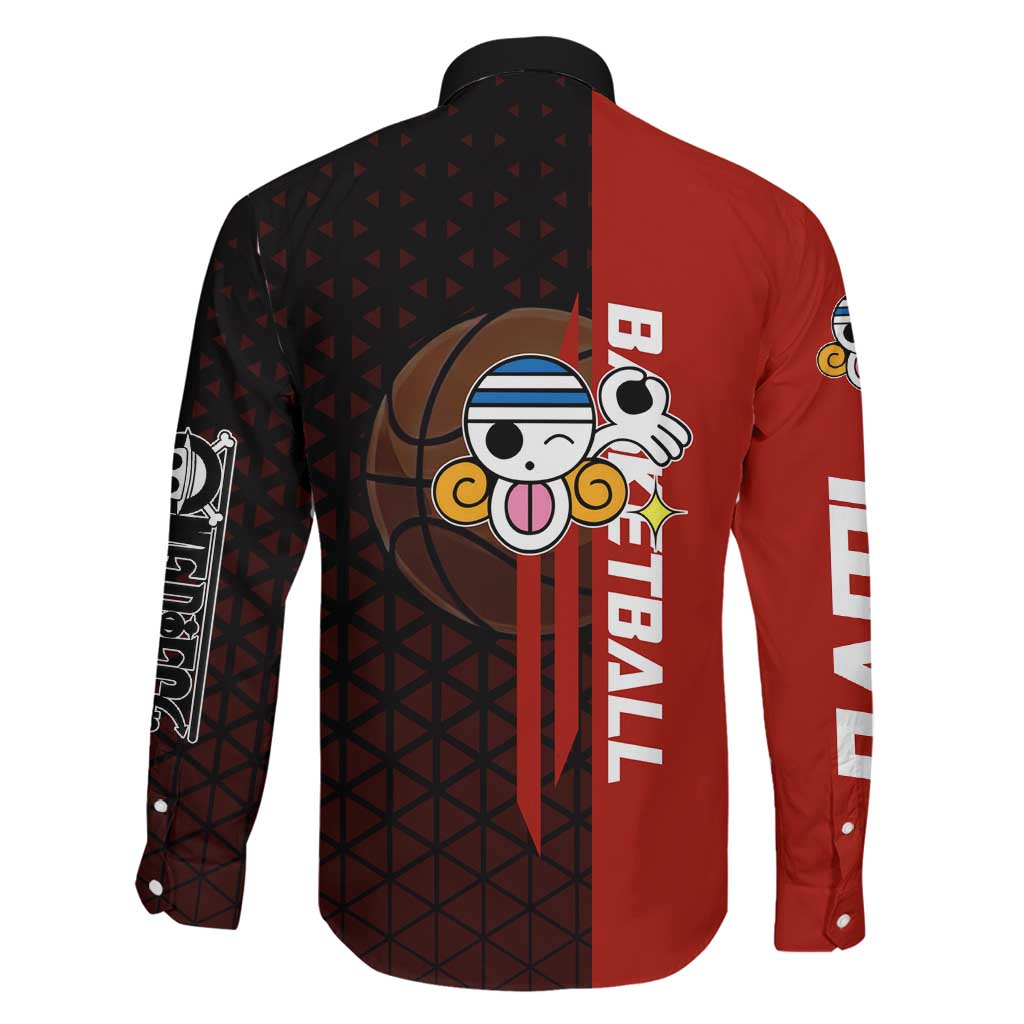Nami One Piece Basketball Theme Red and Black Design Family Matching Off Shoulder Maxi Dress and Hawaiian Shirt with Action Pose and Straw Hat Logo