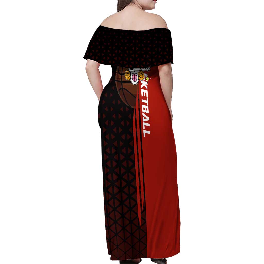 Nami One Piece Basketball Theme Red and Black Design Family Matching Off Shoulder Maxi Dress and Hawaiian Shirt with Action Pose and Straw Hat Logo