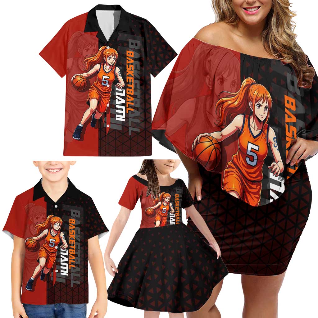 Nami One Piece Basketball Theme Red and Black Design Family Matching Off Shoulder Short Dress and Hawaiian Shirt with Action Pose and Straw Hat Logo