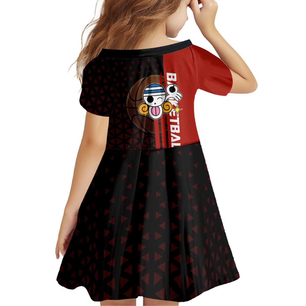 Nami One Piece Basketball Theme Red and Black Design Family Matching Off Shoulder Short Dress and Hawaiian Shirt with Action Pose and Straw Hat Logo