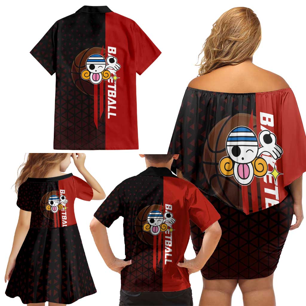 Nami One Piece Basketball Theme Red and Black Design Family Matching Off Shoulder Short Dress and Hawaiian Shirt with Action Pose and Straw Hat Logo