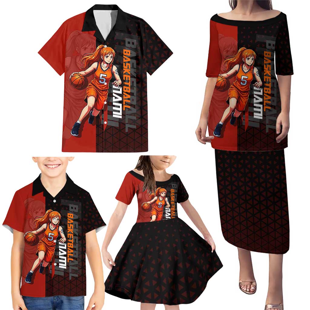 Nami One Piece Basketball Theme Red and Black Design Family Matching Puletasi and Hawaiian Shirt with Action Pose and Straw Hat Logo