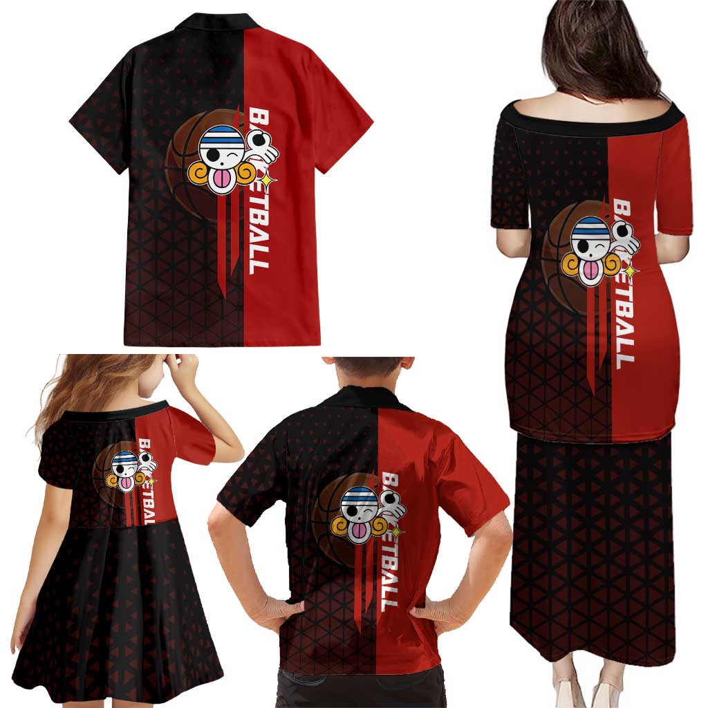 Nami One Piece Basketball Theme Red and Black Design Family Matching Puletasi and Hawaiian Shirt with Action Pose and Straw Hat Logo