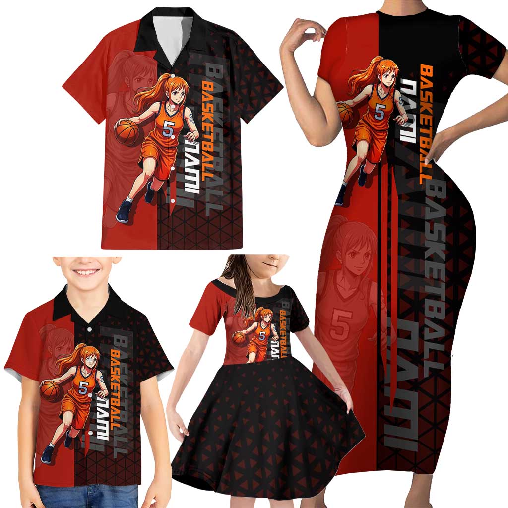 Nami One Piece Basketball Theme Red and Black Design Family Matching Short Sleeve Bodycon Dress and Hawaiian Shirt with Action Pose and Straw Hat Logo