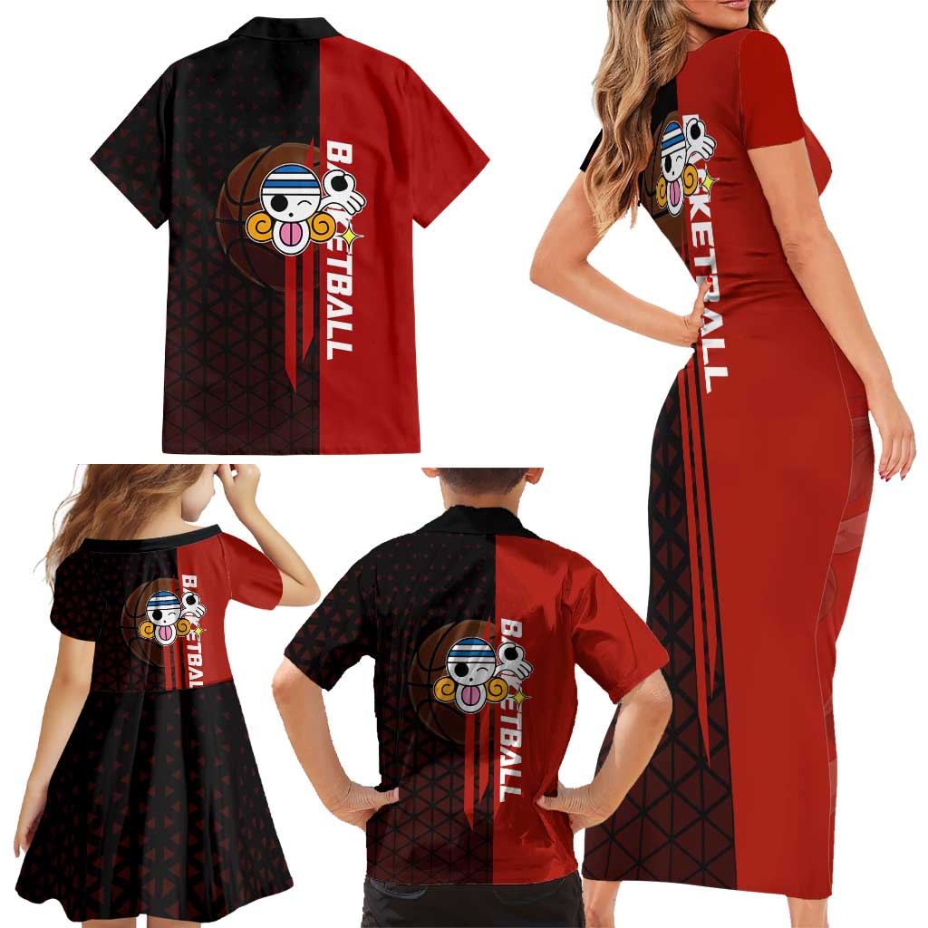 Nami One Piece Basketball Theme Red and Black Design Family Matching Short Sleeve Bodycon Dress and Hawaiian Shirt with Action Pose and Straw Hat Logo