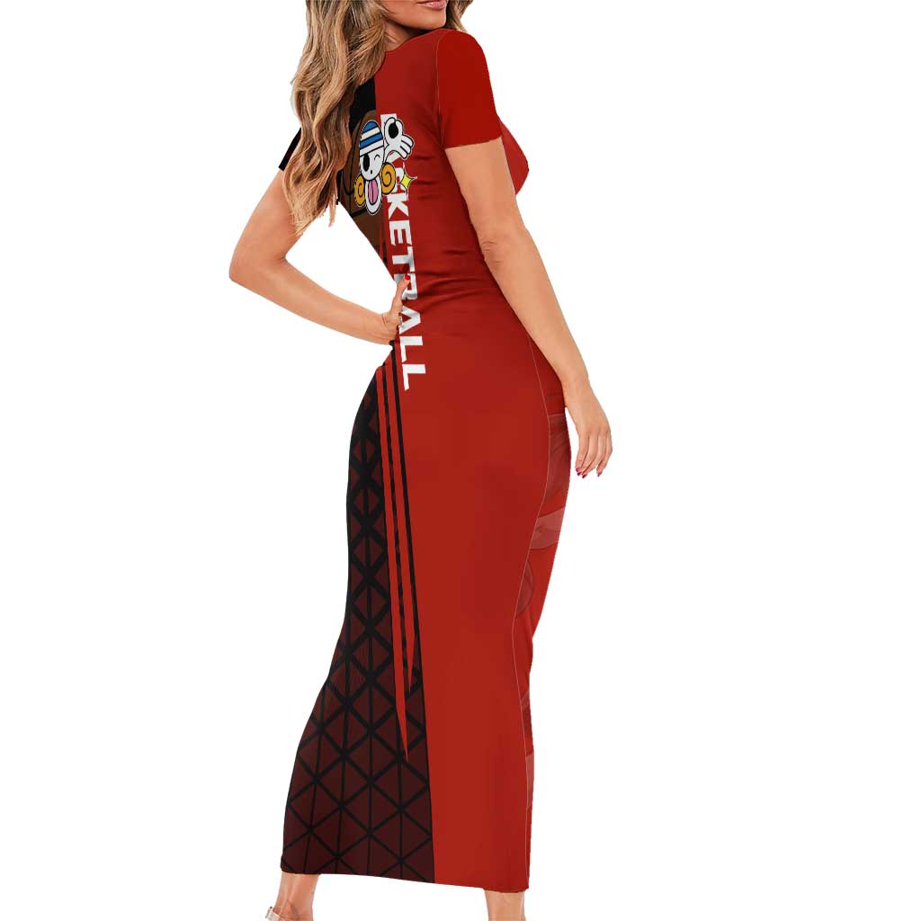 Nami One Piece Basketball Theme Red and Black Design Family Matching Short Sleeve Bodycon Dress and Hawaiian Shirt with Action Pose and Straw Hat Logo