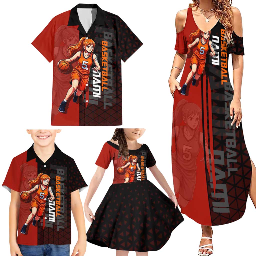 Nami One Piece Basketball Theme Red and Black Design Family Matching Summer Maxi Dress and Hawaiian Shirt with Action Pose and Straw Hat Logo