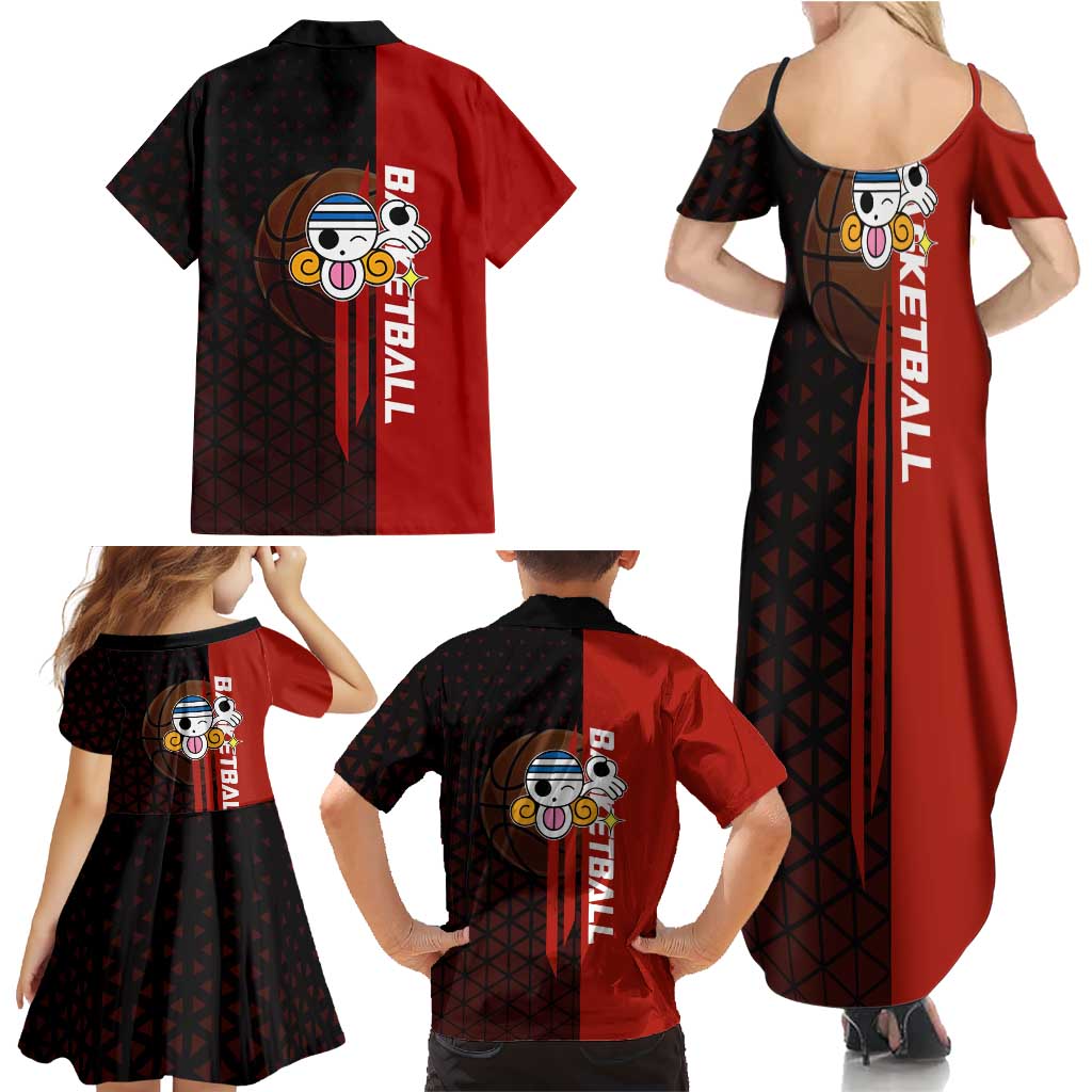 Nami One Piece Basketball Theme Red and Black Design Family Matching Summer Maxi Dress and Hawaiian Shirt with Action Pose and Straw Hat Logo