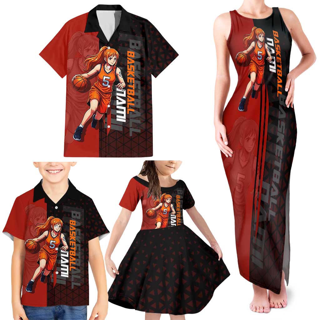 Nami One Piece Basketball Theme Red and Black Design Family Matching Tank Maxi Dress and Hawaiian Shirt with Action Pose and Straw Hat Logo