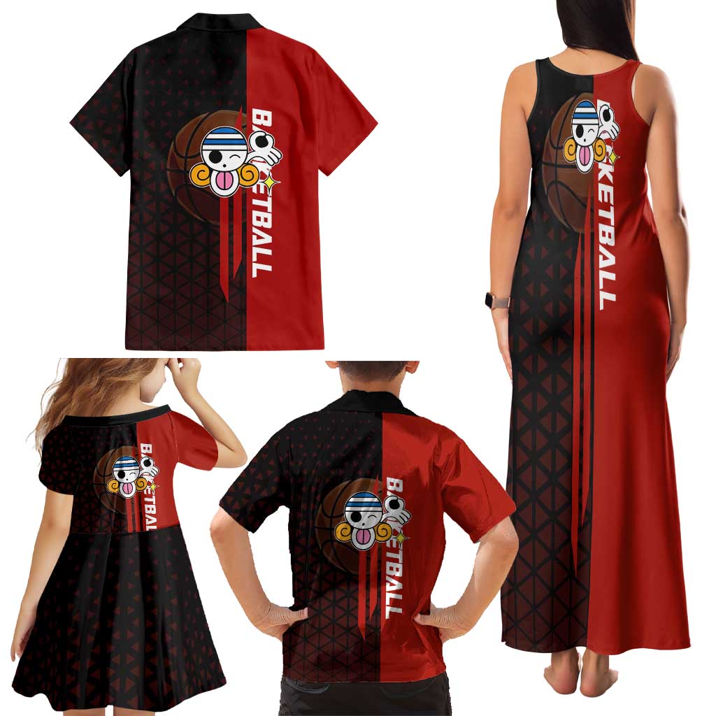 Nami One Piece Basketball Theme Red and Black Design Family Matching Tank Maxi Dress and Hawaiian Shirt with Action Pose and Straw Hat Logo