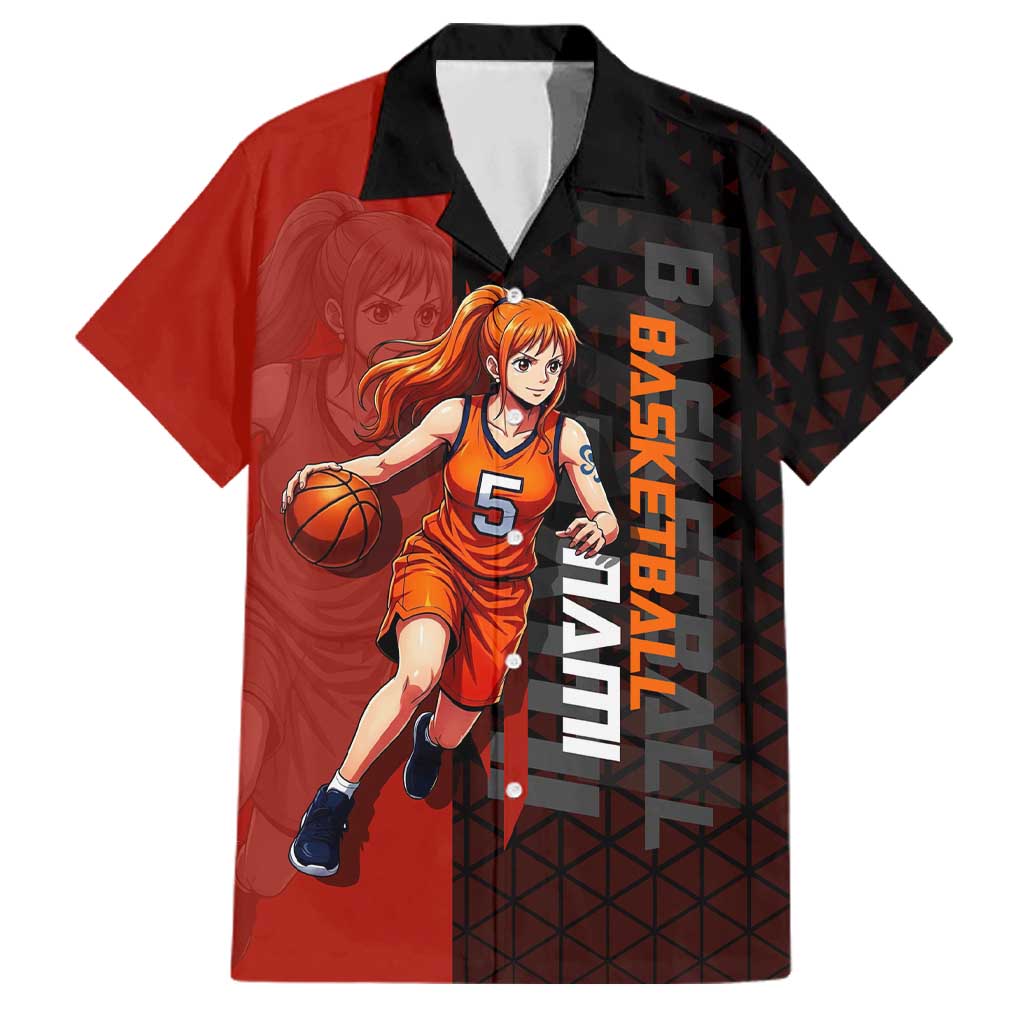 Nami One Piece Basketball Theme Red and Black Design Family Matching Tank Maxi Dress and Hawaiian Shirt with Action Pose and Straw Hat Logo