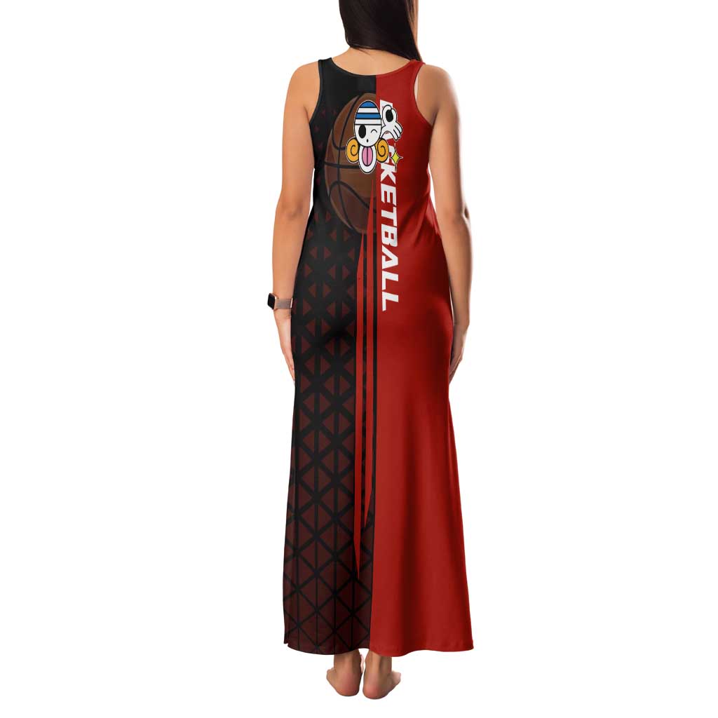 Nami One Piece Basketball Theme Red and Black Design Family Matching Tank Maxi Dress and Hawaiian Shirt with Action Pose and Straw Hat Logo