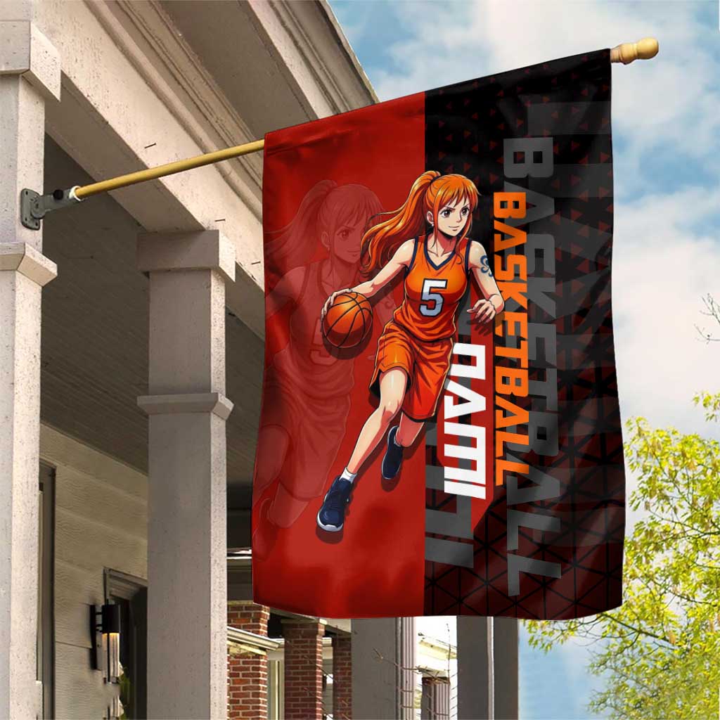 Nami One Piece Basketball Theme Red and Black Design Garden Flag with Action Pose and Straw Hat Logo - The Mazicc