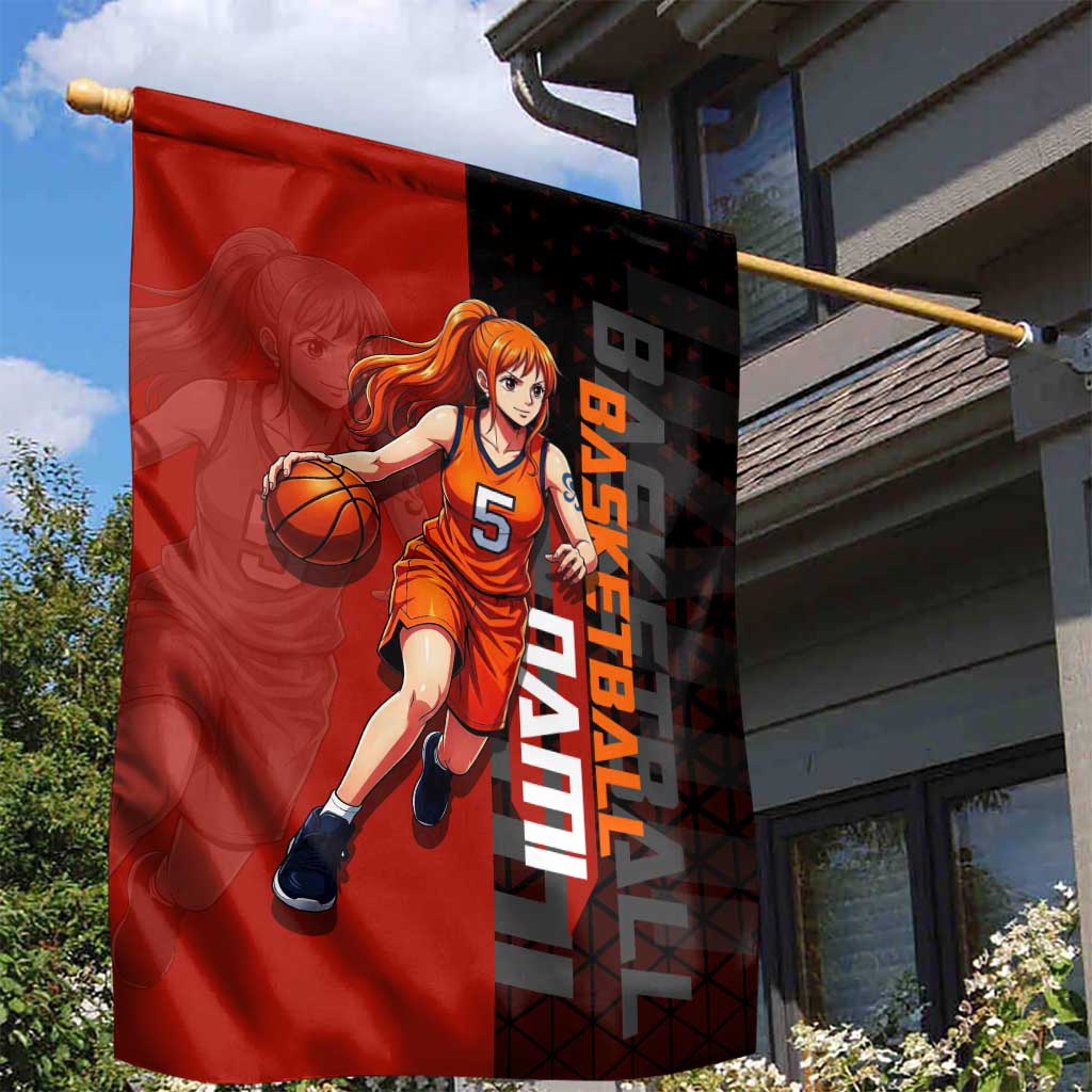 Nami One Piece Basketball Theme Red and Black Design Garden Flag with Action Pose and Straw Hat Logo - The Mazicc