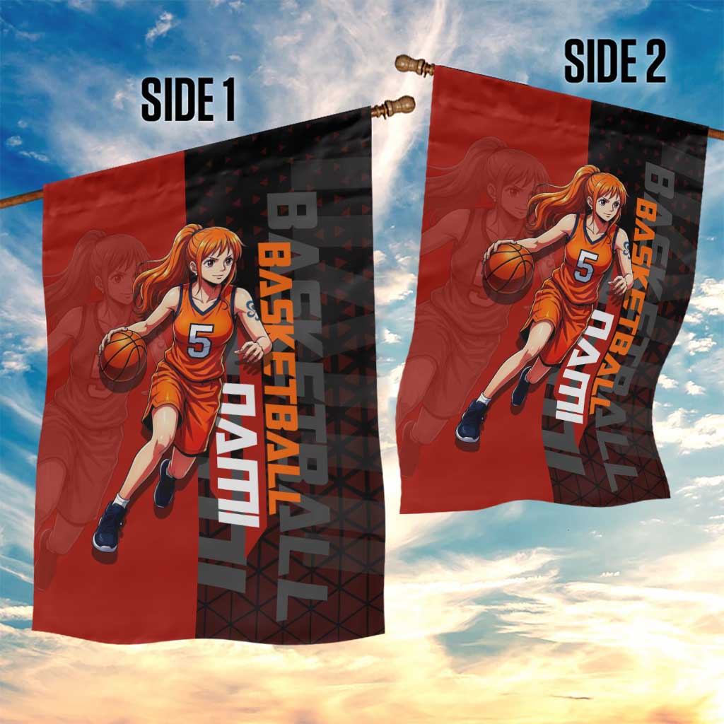 Nami One Piece Basketball Theme Red and Black Design Garden Flag with Action Pose and Straw Hat Logo - The Mazicc