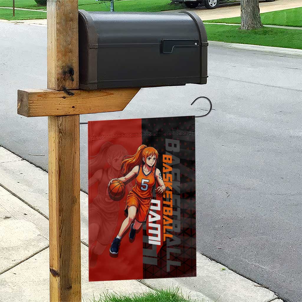 Nami One Piece Basketball Theme Red and Black Design Garden Flag with Action Pose and Straw Hat Logo - The Mazicc