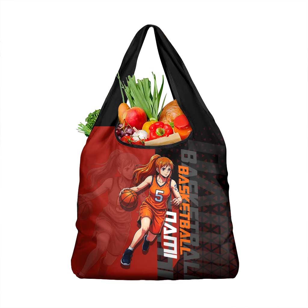 Nami One Piece Basketball Theme Red and Black Design Grocery Bag with Action Pose and Straw Hat Logo - The Mazicc