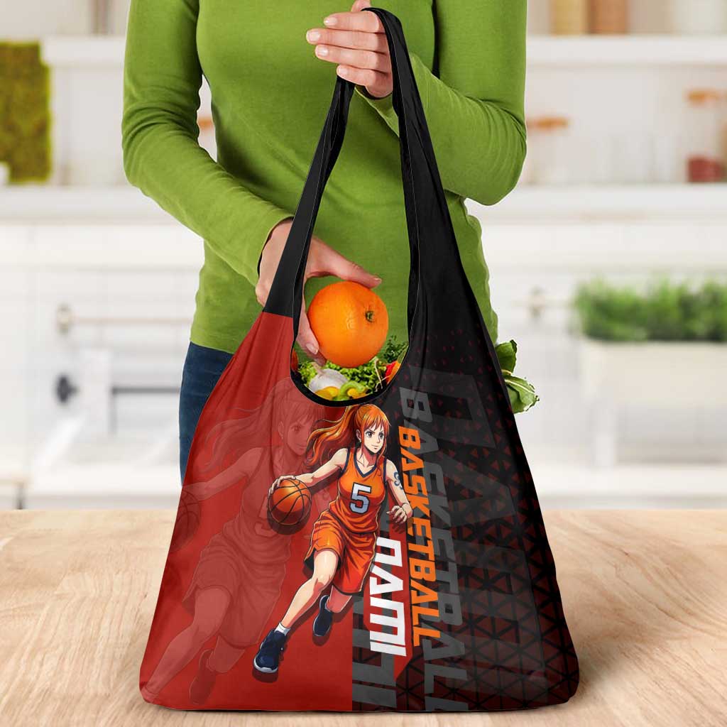 Nami One Piece Basketball Theme Red and Black Design Grocery Bag with Action Pose and Straw Hat Logo - The Mazicc
