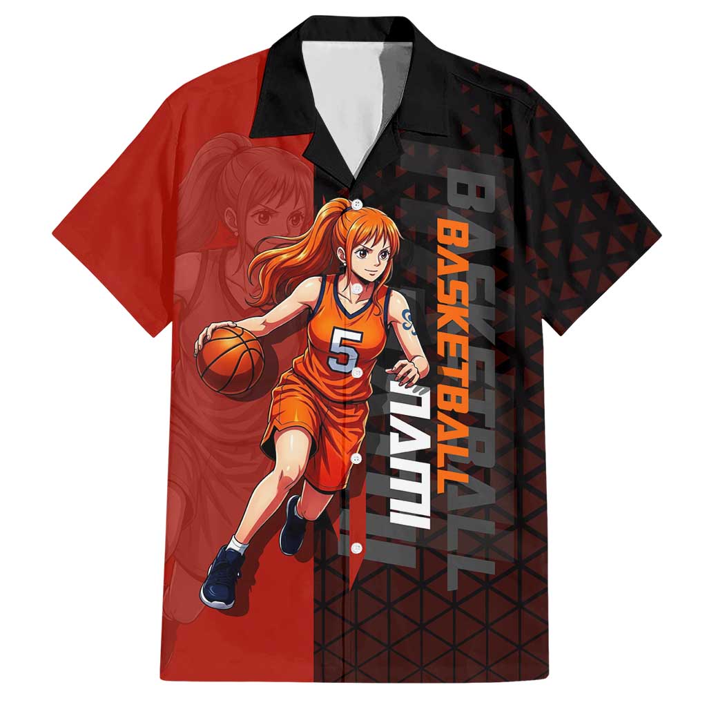 Nami One Piece Basketball Theme Red and Black Design Hawaiian Shirt with Action Pose and Straw Hat Logo - The Mazicc