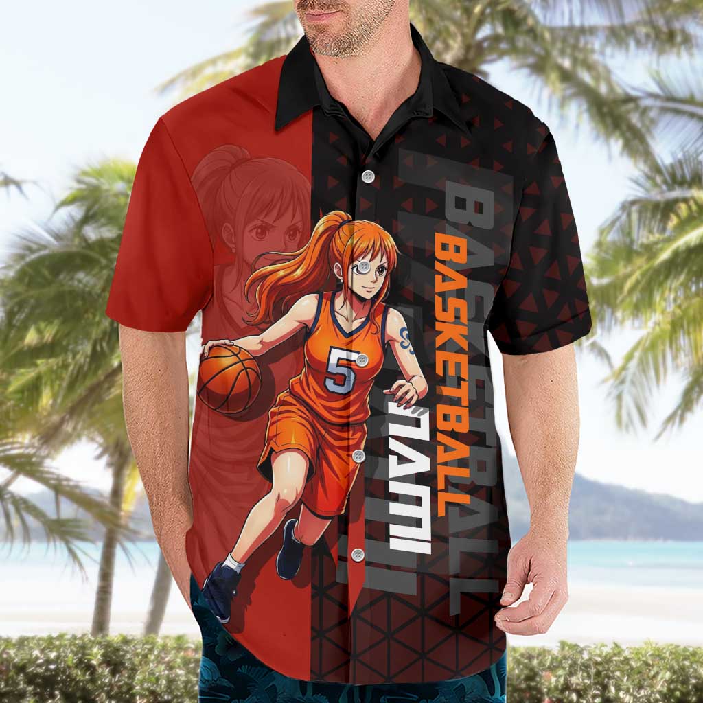 Nami One Piece Basketball Theme Red and Black Design Hawaiian Shirt with Action Pose and Straw Hat Logo - The Mazicc