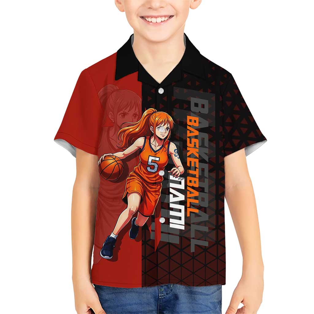 Nami One Piece Basketball Theme Red and Black Design Hawaiian Shirt with Action Pose and Straw Hat Logo - The Mazicc