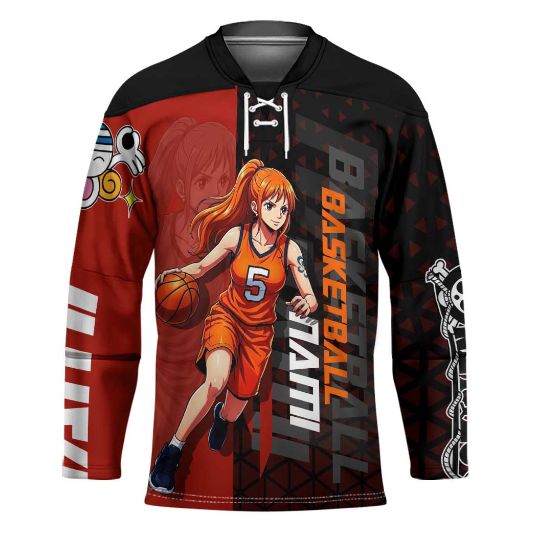 Nami One Piece Basketball Theme Red and Black Design Hockey Jersey with Action Pose and Straw Hat Logo - The Mazicc