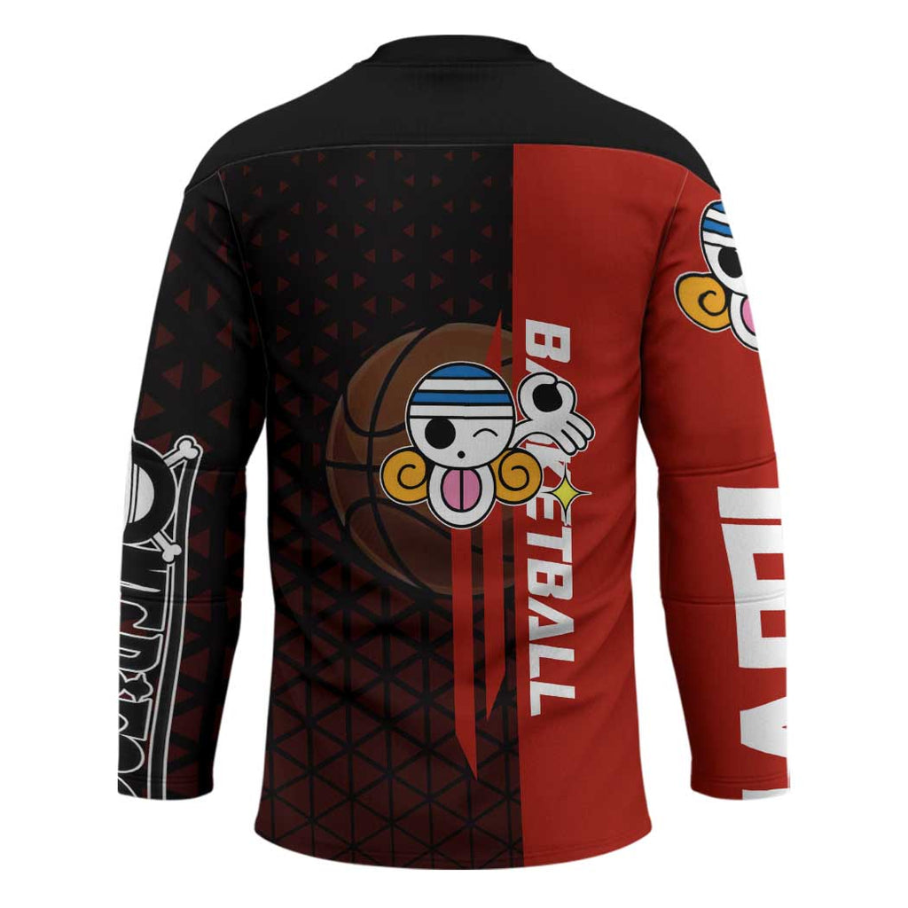 Nami One Piece Basketball Theme Red and Black Design Hockey Jersey with Action Pose and Straw Hat Logo - The Mazicc