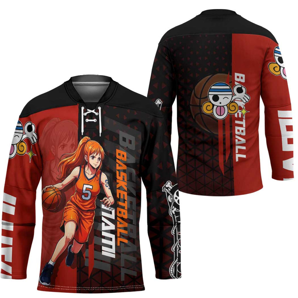 Nami One Piece Basketball Theme Red and Black Design Hockey Jersey with Action Pose and Straw Hat Logo - The Mazicc