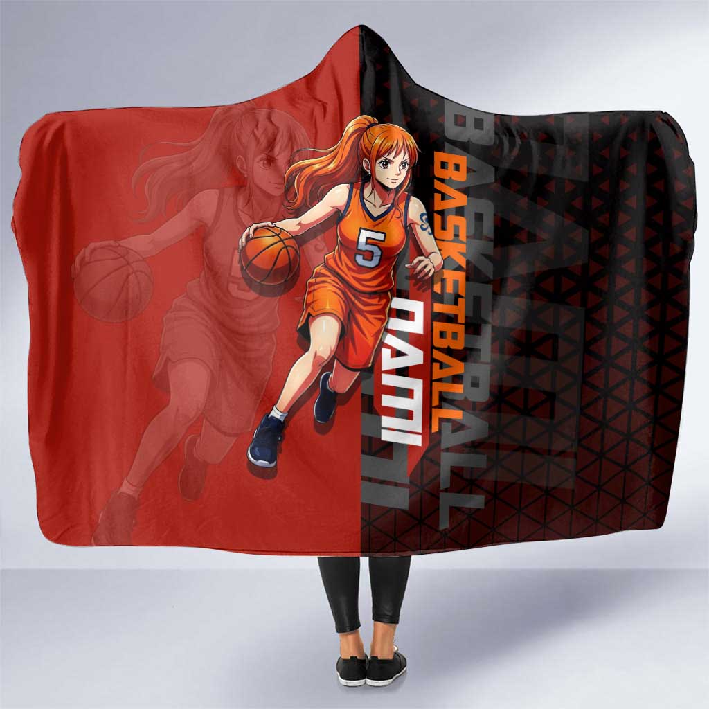 Nami One Piece Basketball Theme Red and Black Design Hooded Blanket with Action Pose and Straw Hat Logo - The Mazicc