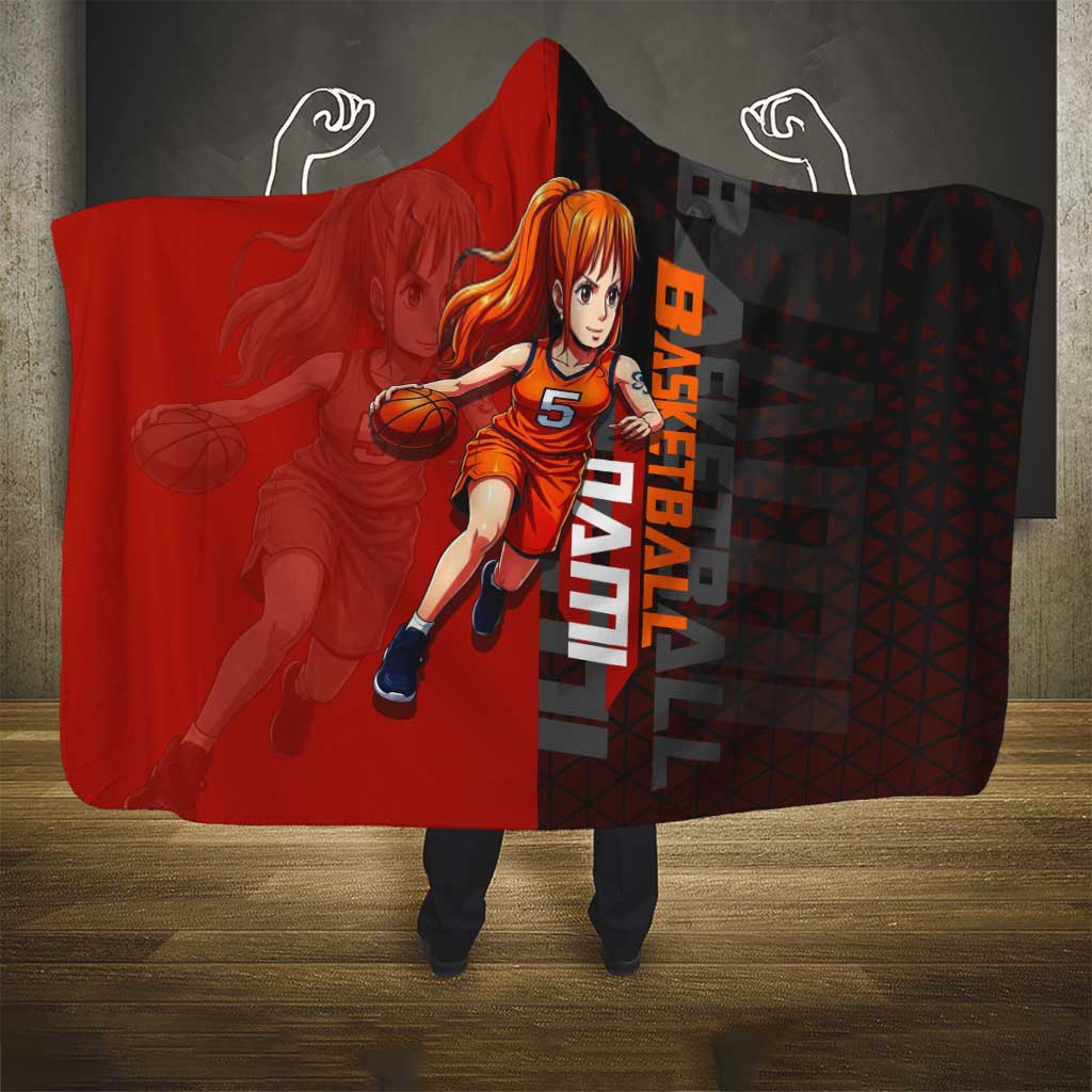 Nami One Piece Basketball Theme Red and Black Design Hooded Blanket with Action Pose and Straw Hat Logo - The Mazicc