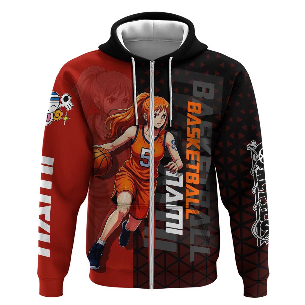 Nami One Piece Basketball Theme Red and Black Design Hoodie with Action Pose and Straw Hat Logo - The Mazicc