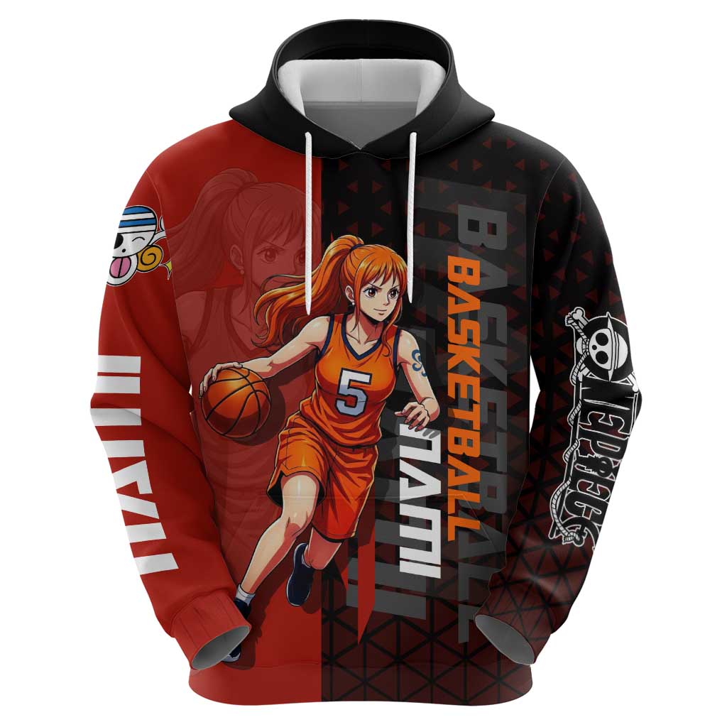 Nami One Piece Basketball Theme Red and Black Design Hoodie with Action Pose and Straw Hat Logo - The Mazicc