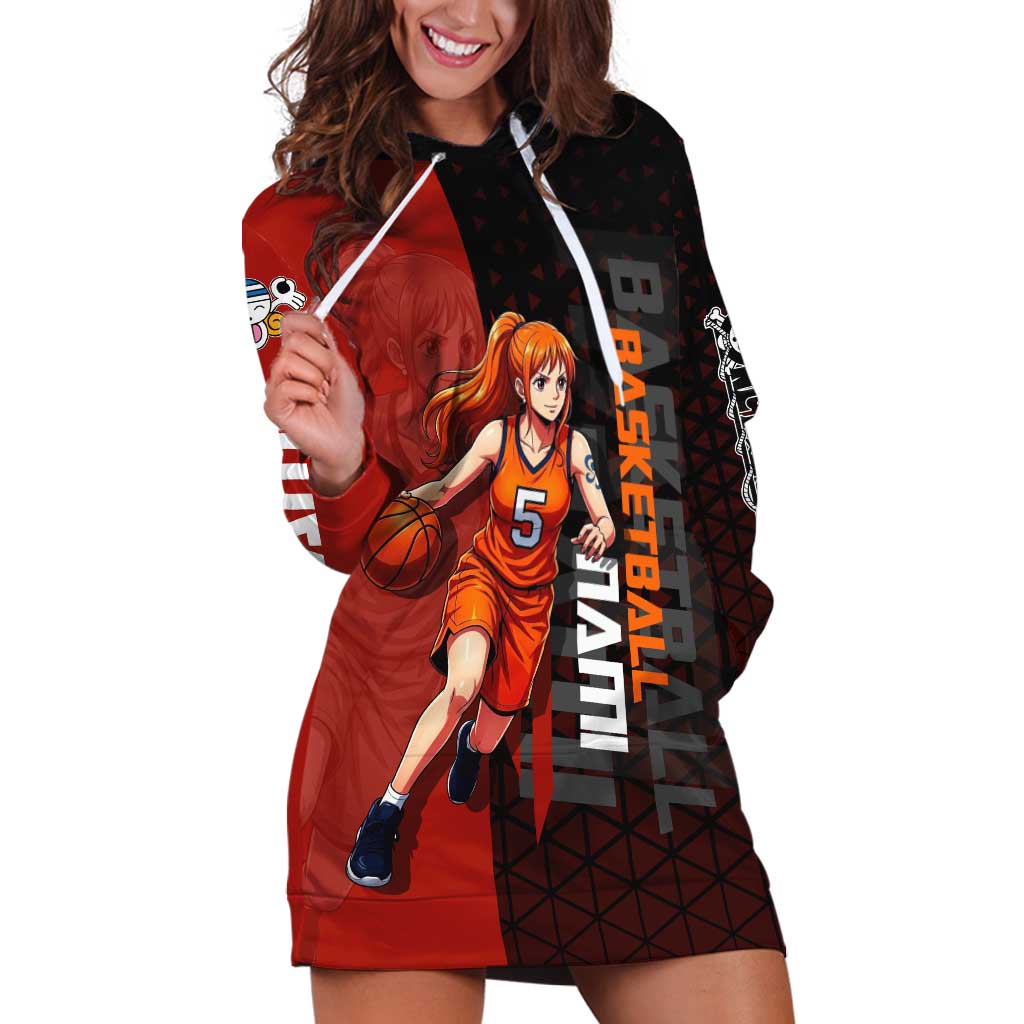 Nami One Piece Basketball Theme Red and Black Design Hoodie Dress with Action Pose and Straw Hat Logo - The Mazicc