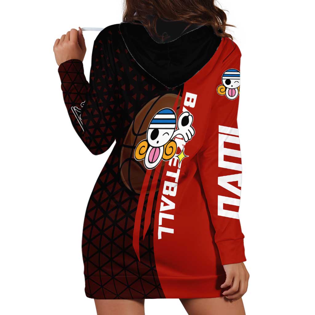 Nami One Piece Basketball Theme Red and Black Design Hoodie Dress with Action Pose and Straw Hat Logo - The Mazicc