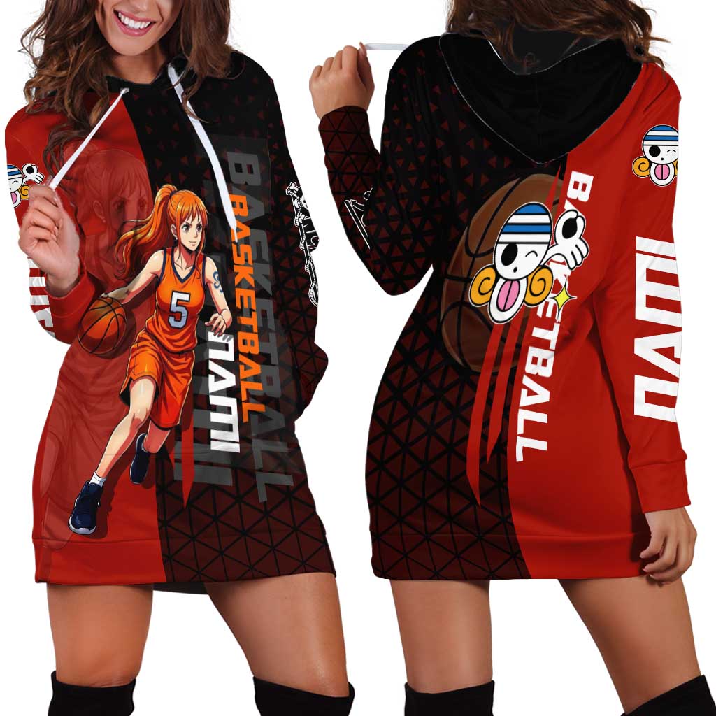 Nami One Piece Basketball Theme Red and Black Design Hoodie Dress with Action Pose and Straw Hat Logo - The Mazicc
