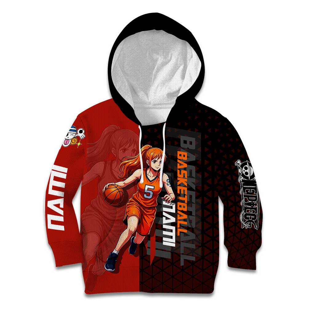 Nami One Piece Basketball Theme Red and Black Design Kid Hoodie with Action Pose and Straw Hat Logo - The Mazicc