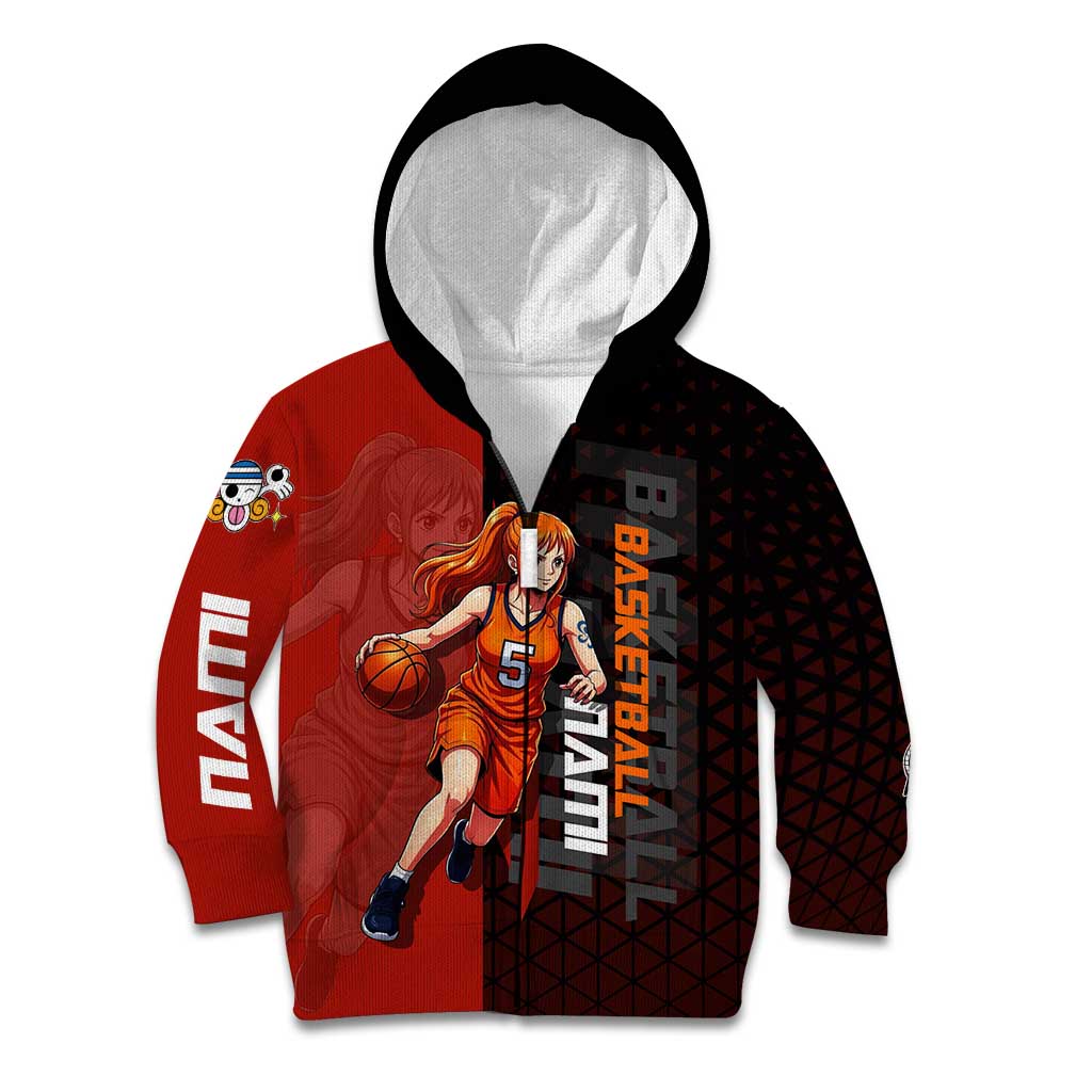 Nami One Piece Basketball Theme Red and Black Design Kid Hoodie with Action Pose and Straw Hat Logo - The Mazicc