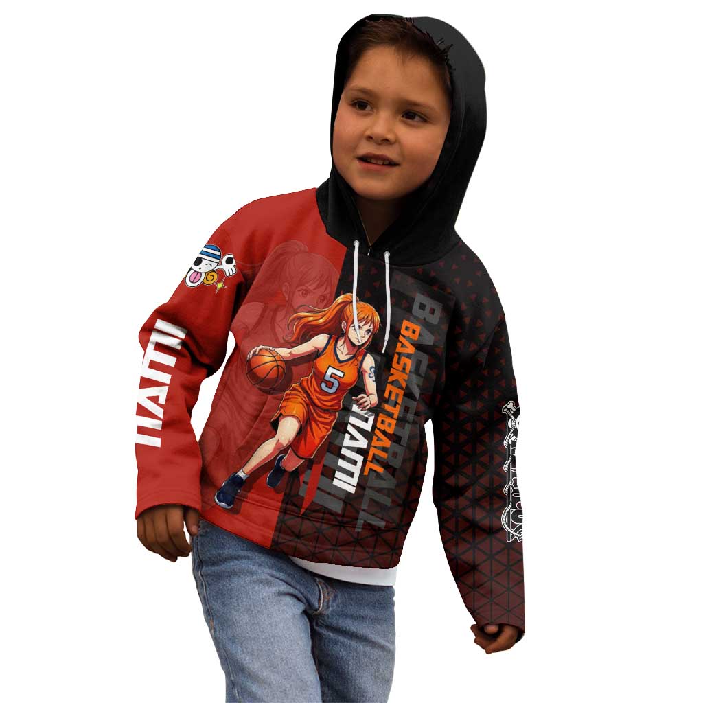 Nami One Piece Basketball Theme Red and Black Design Kid Hoodie with Action Pose and Straw Hat Logo - The Mazicc