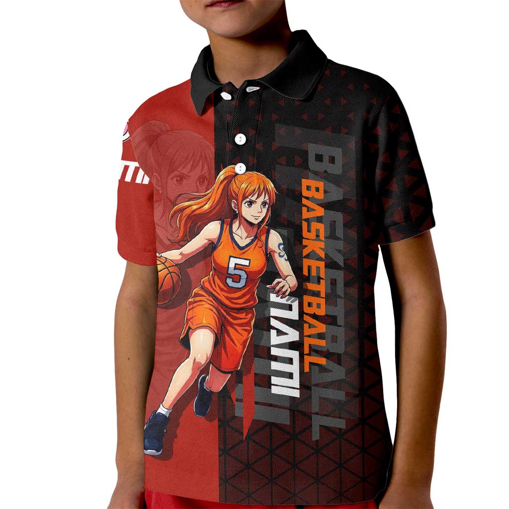Nami One Piece Basketball Theme Red and Black Design Kid Polo Shirt with Action Pose and Straw Hat Logo - The Mazicc