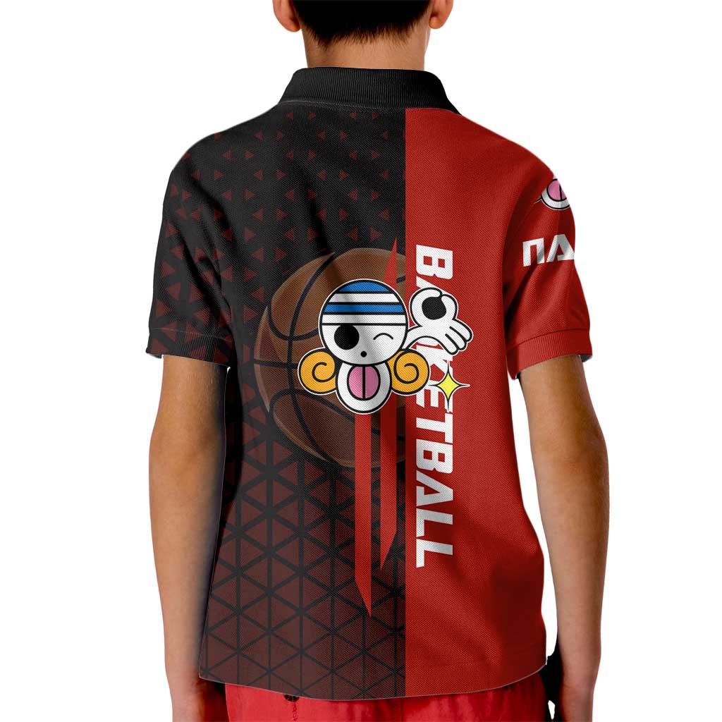 Nami One Piece Basketball Theme Red and Black Design Kid Polo Shirt with Action Pose and Straw Hat Logo - The Mazicc