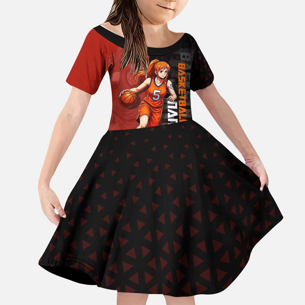 Nami One Piece Basketball Theme Red and Black Design Kid Short Sleeve Dress with Action Pose and Straw Hat Logo - The Mazicc